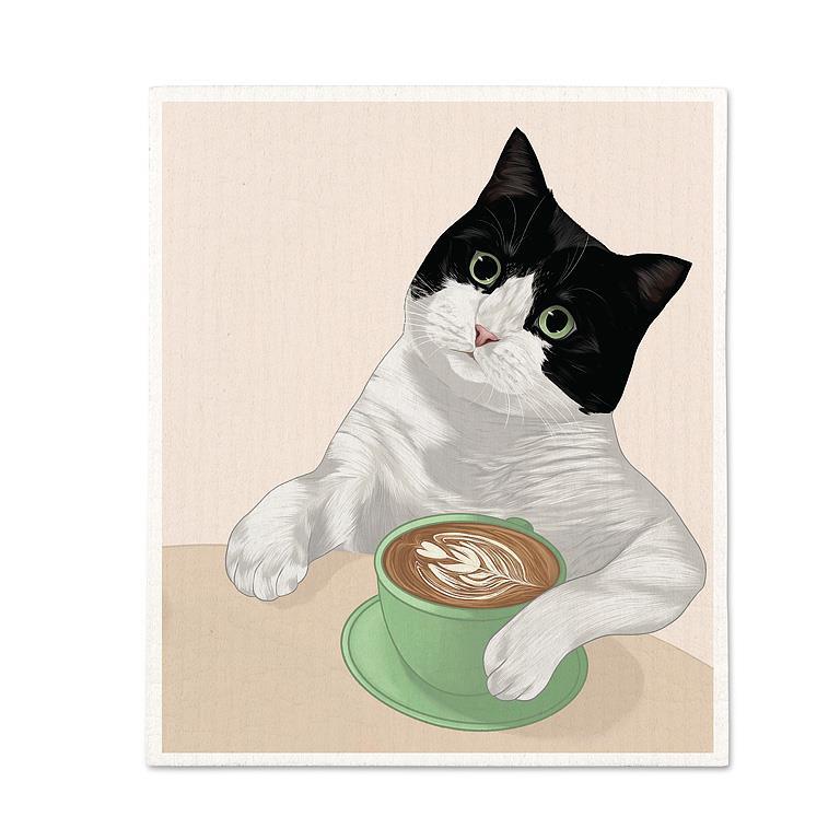 Cat w/Latte Dishcloth