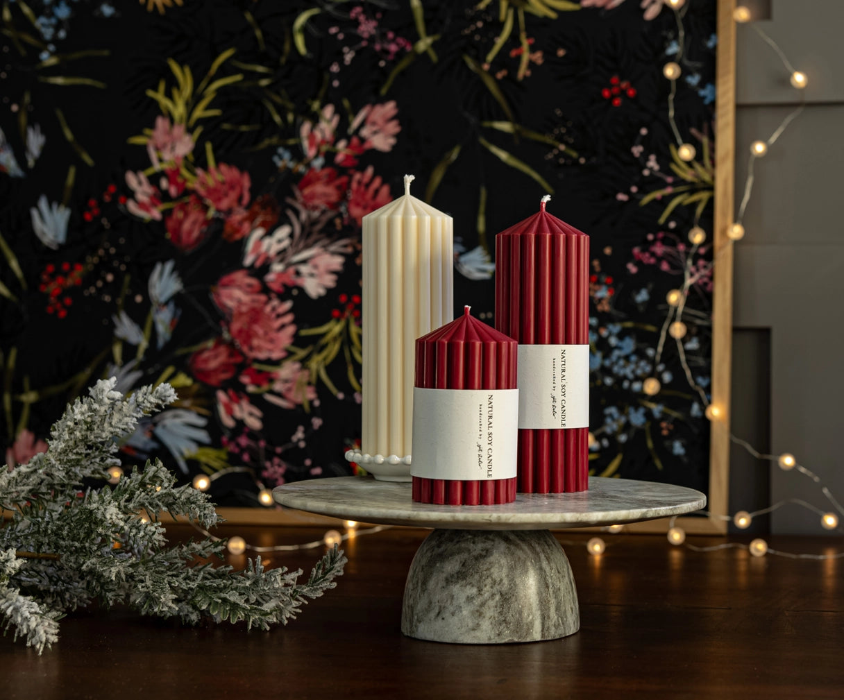 Red Ribbed Pillar Soy Candle - 8"