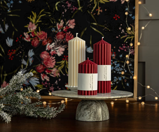 Red Ribbed Pillar Soy Candle - 8"
