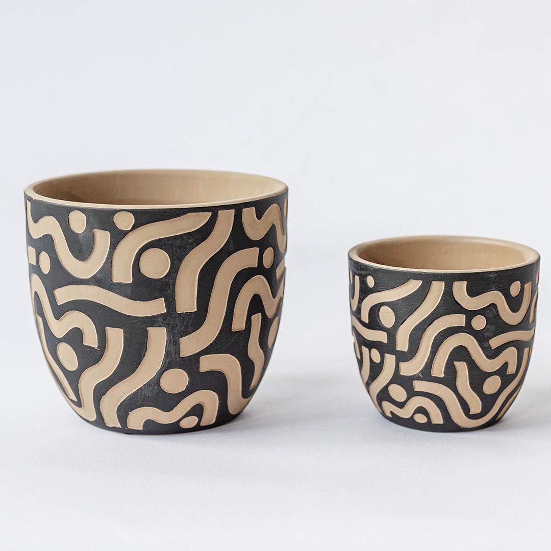Black Aztec Design Pot - Large