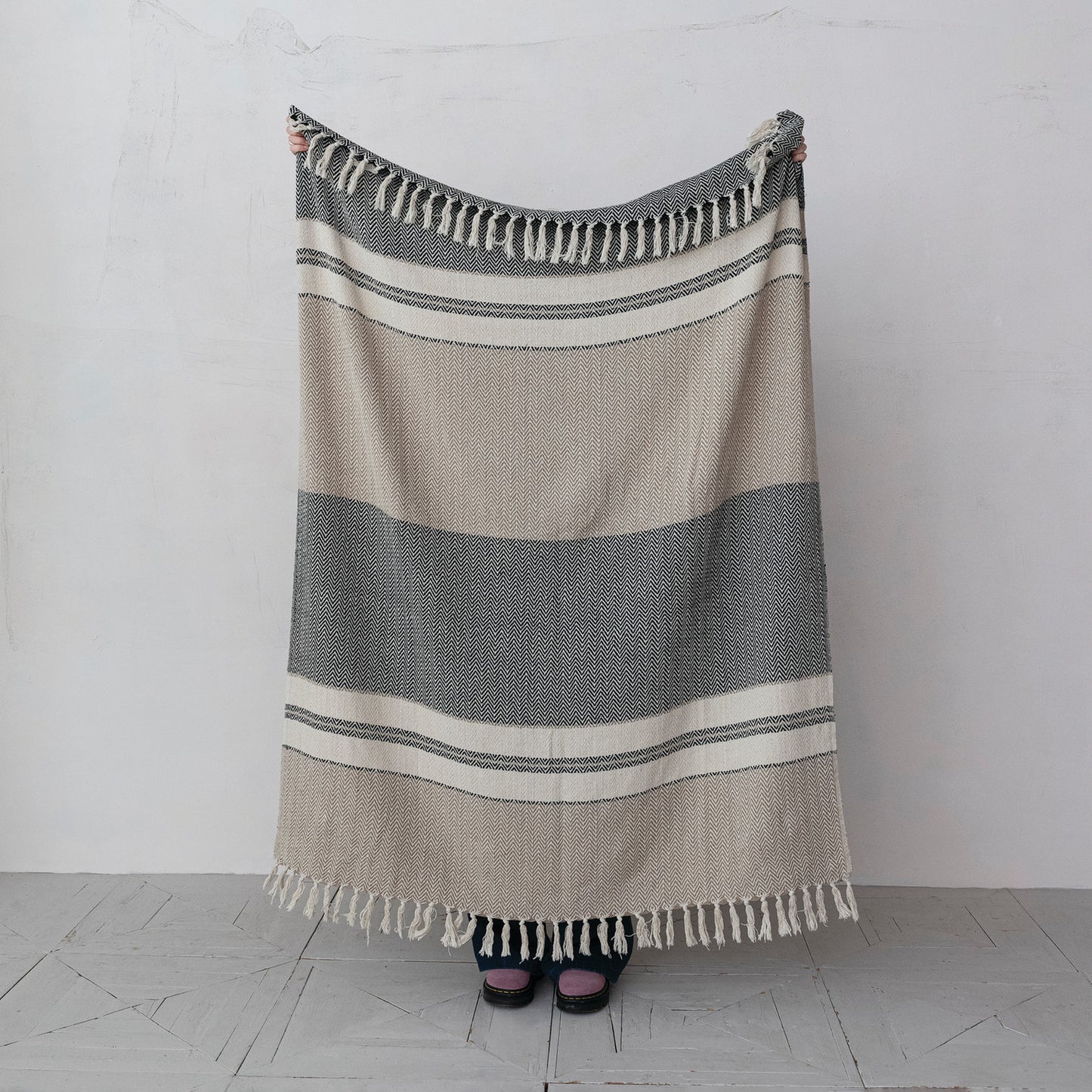 Cotton Blend Throw w/ Stripes & Fringe