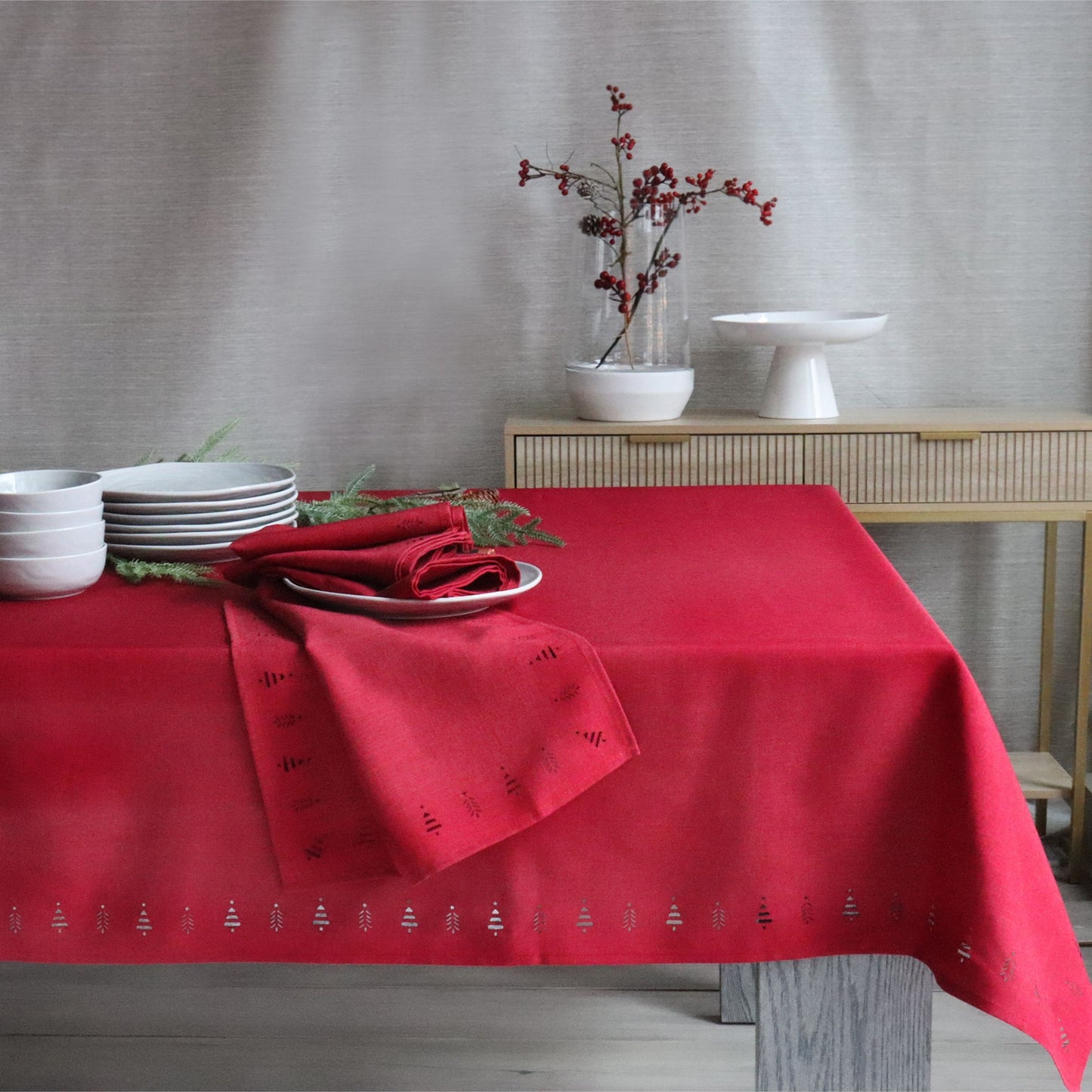 Red Tree Hemstitch Tablecloth